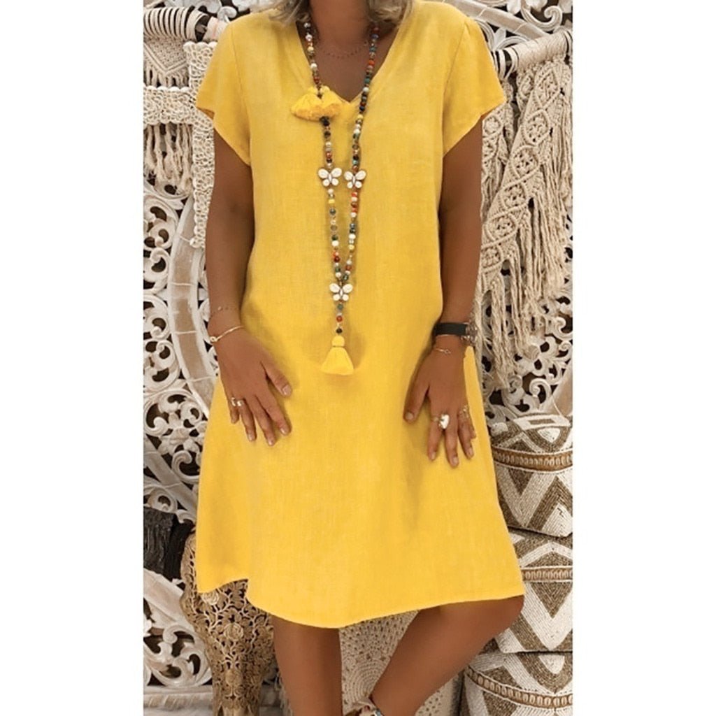 Yellow women's summer linen V neck mini dress with short sleeves and loose A line shape