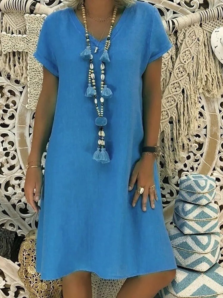 Blue linen V neck A line mini dress with short sleeves and breezy casual style