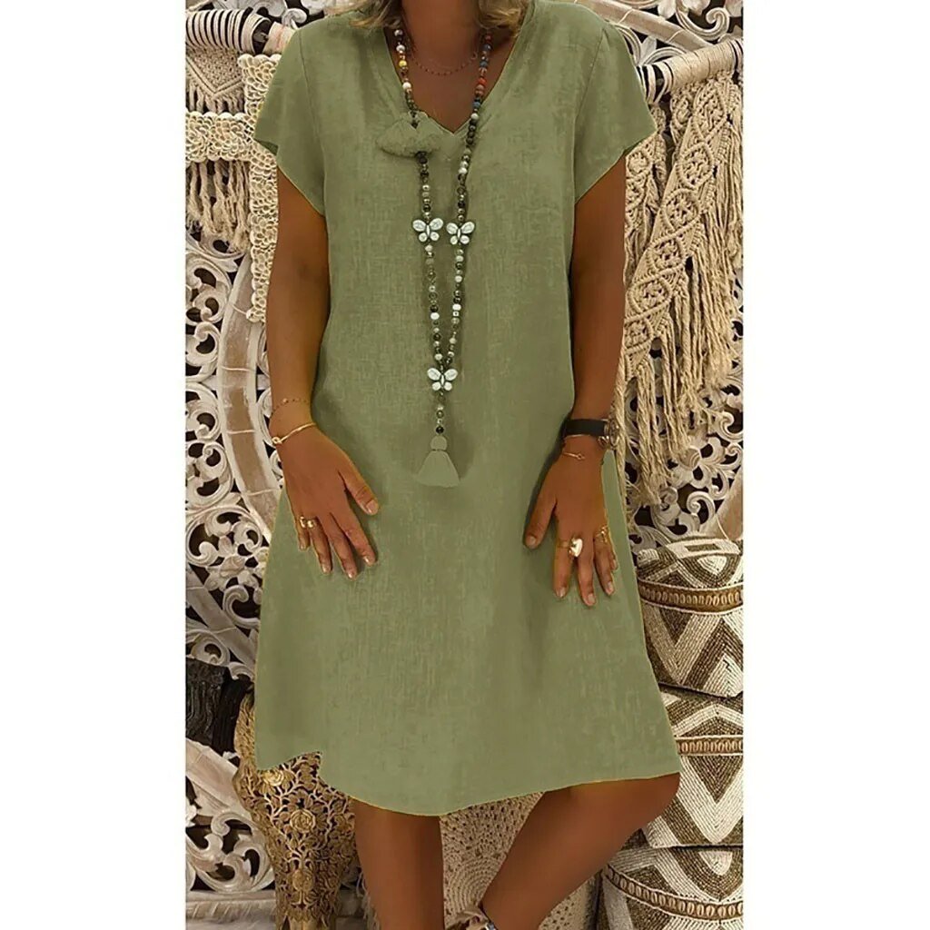 Olive green women's summer linen mini dress with V neck, short sleeves, and soft drape