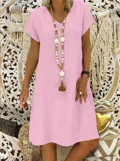 Pink linen V neck A line mini dress with short sleeves and relaxed summer silhouette