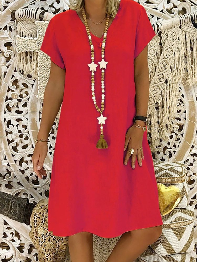 Red women's summer linen V neck mini dress with short sleeves and easy A line cut