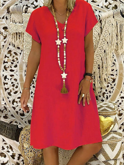 Red women's summer linen V neck mini dress with short sleeves and easy A line cut