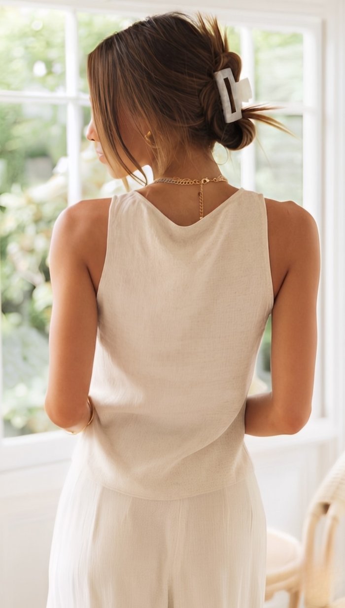 Back view of beige linen tank top and wide leg pants with soft drape