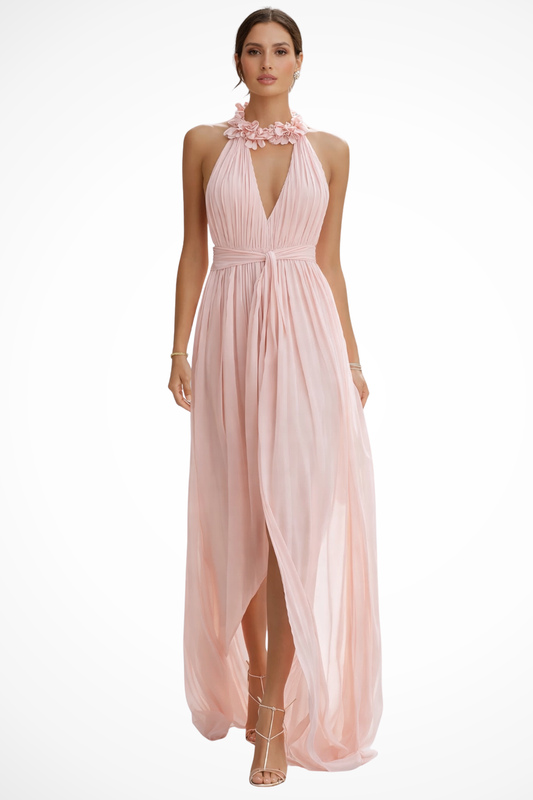 Pink halter neck pleated maxi dress with floral neckline and tie waist, full length