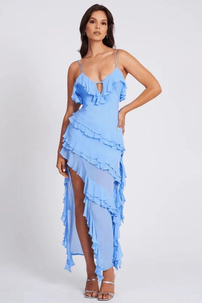 Light blue summer dress with spaghetti straps, ruffle trim, and thigh-high slit