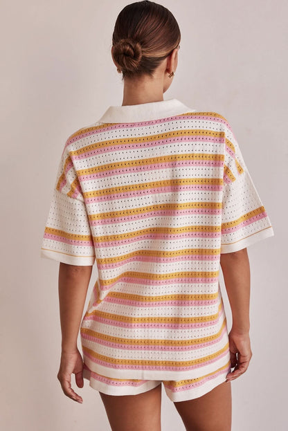 Back view of women's summer striped knit shorts set with short sleeve collared top