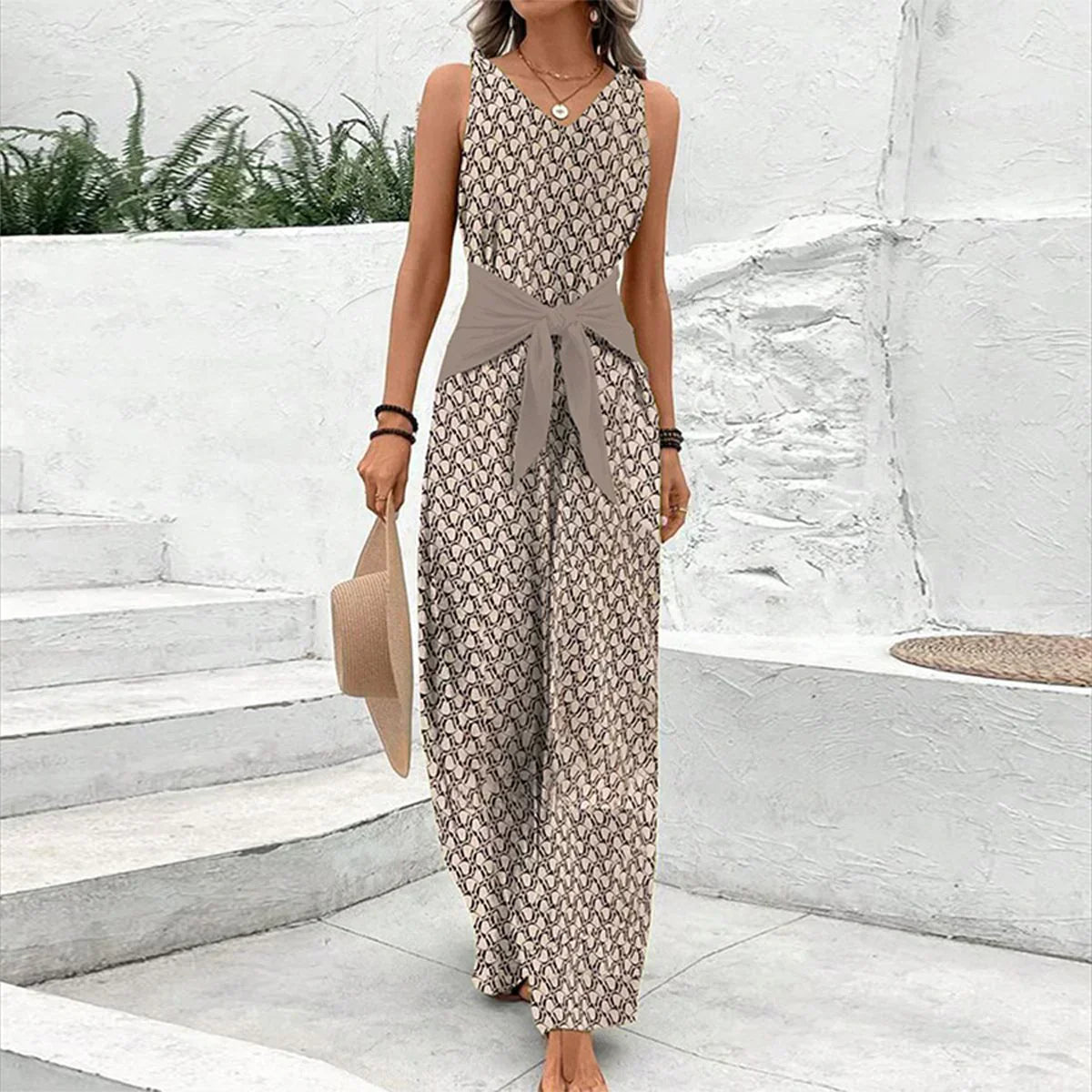 Women’s V-neck printed wide leg jumpsuit maxi dress with sleeveless top and tie waist belt