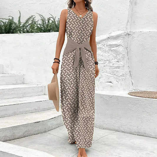 Women’s V-neck printed wide leg jumpsuit maxi dress with sleeveless top and tie waist belt