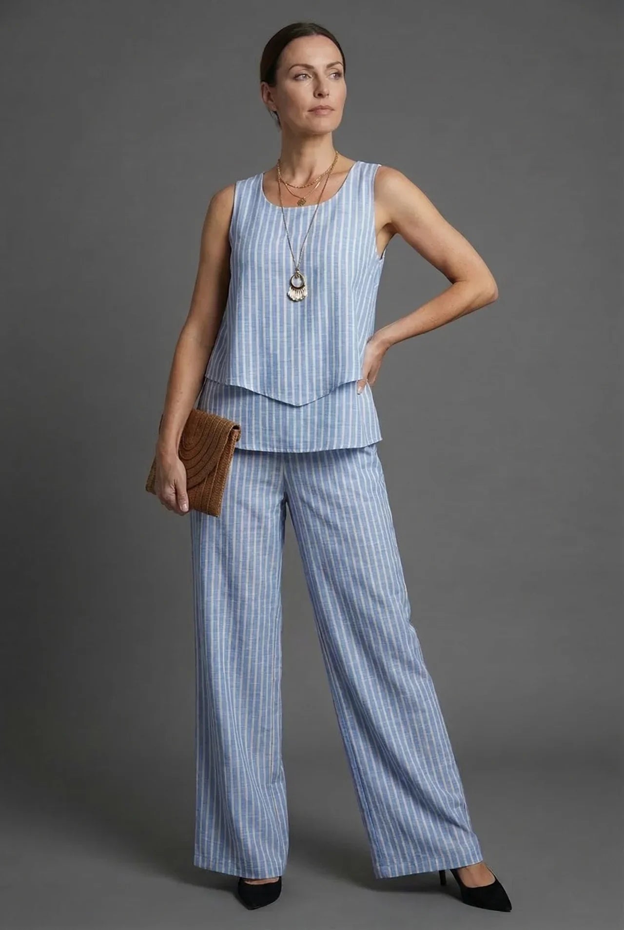Blue striped sleeveless top with matching wide leg pants and woven clutch co ord set