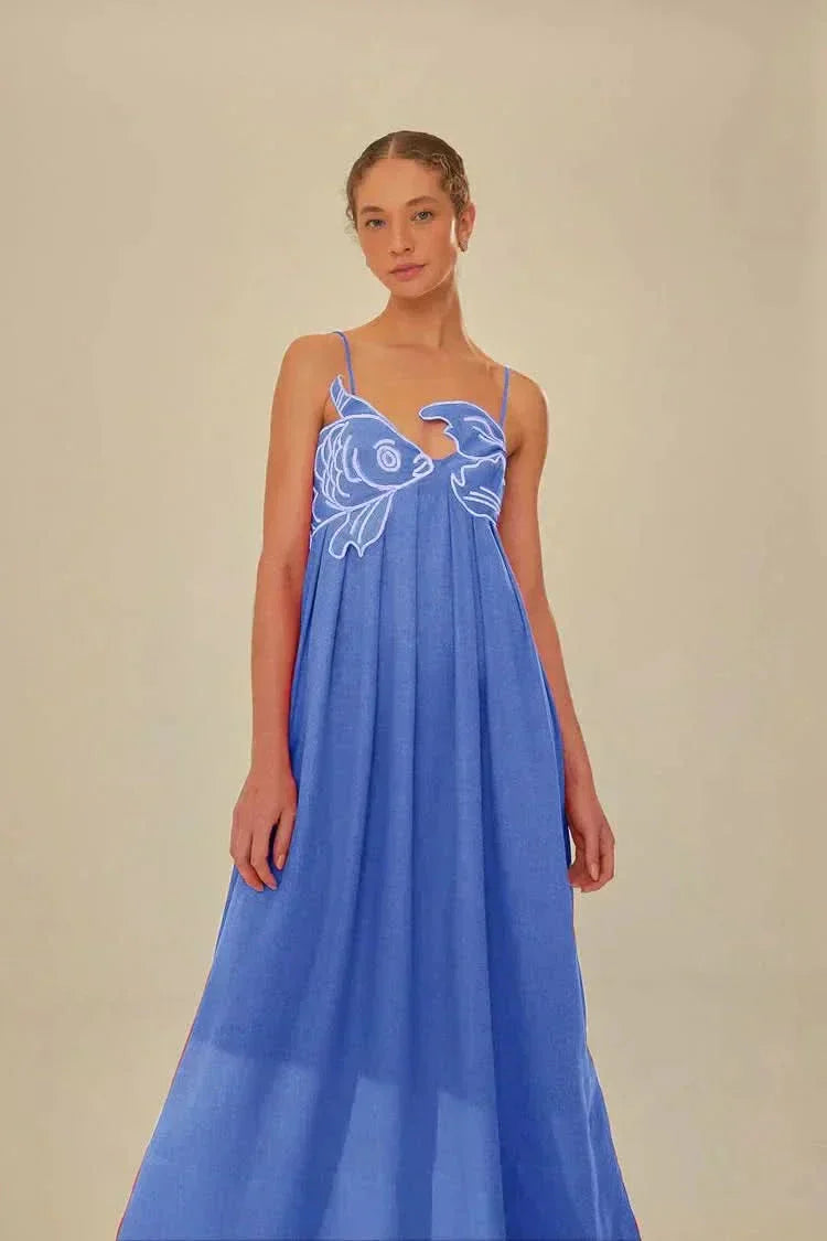 Blue fish print maxi dress with straps and airy full-length summer fit