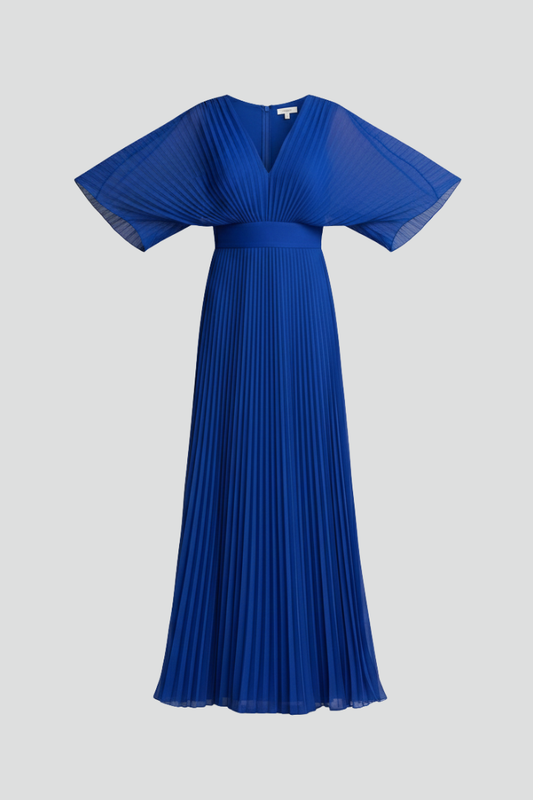 Blue pleated maxi dress with V neck, wide flutter sleeves, and fitted waist