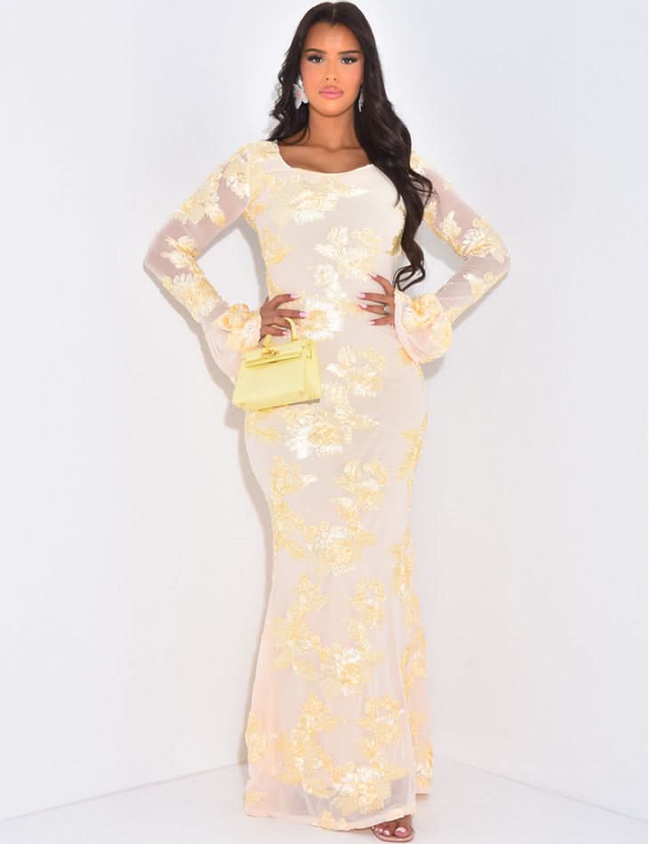 Cream floral long sleeve maxi dress with sheer mesh sleeves and gold accents for wedding guest