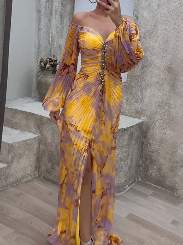 Front view of women's floral off shoulder maxi dress with embellished center and slit