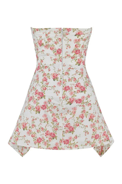 Product view of a strapless floral mini dress with pink rose print, flared skirt, and back zipper
