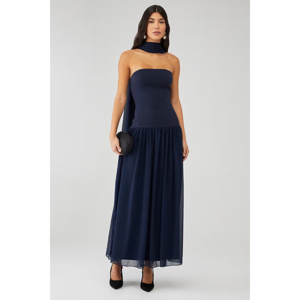 Navy strapless maxi dress with sheer overlay and scarf neck tie for wedding guest