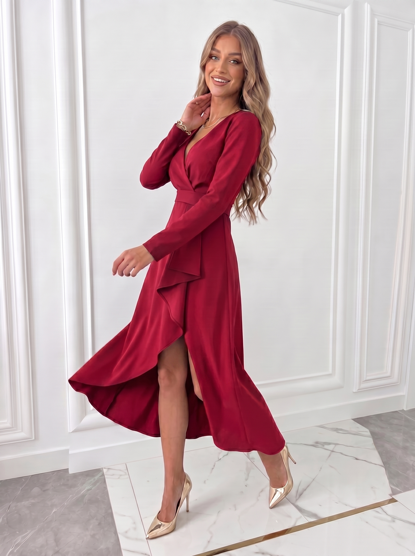 Red wrap midi dress with long sleeves, V-neck top and draped skirt for elegant wedding guest wear