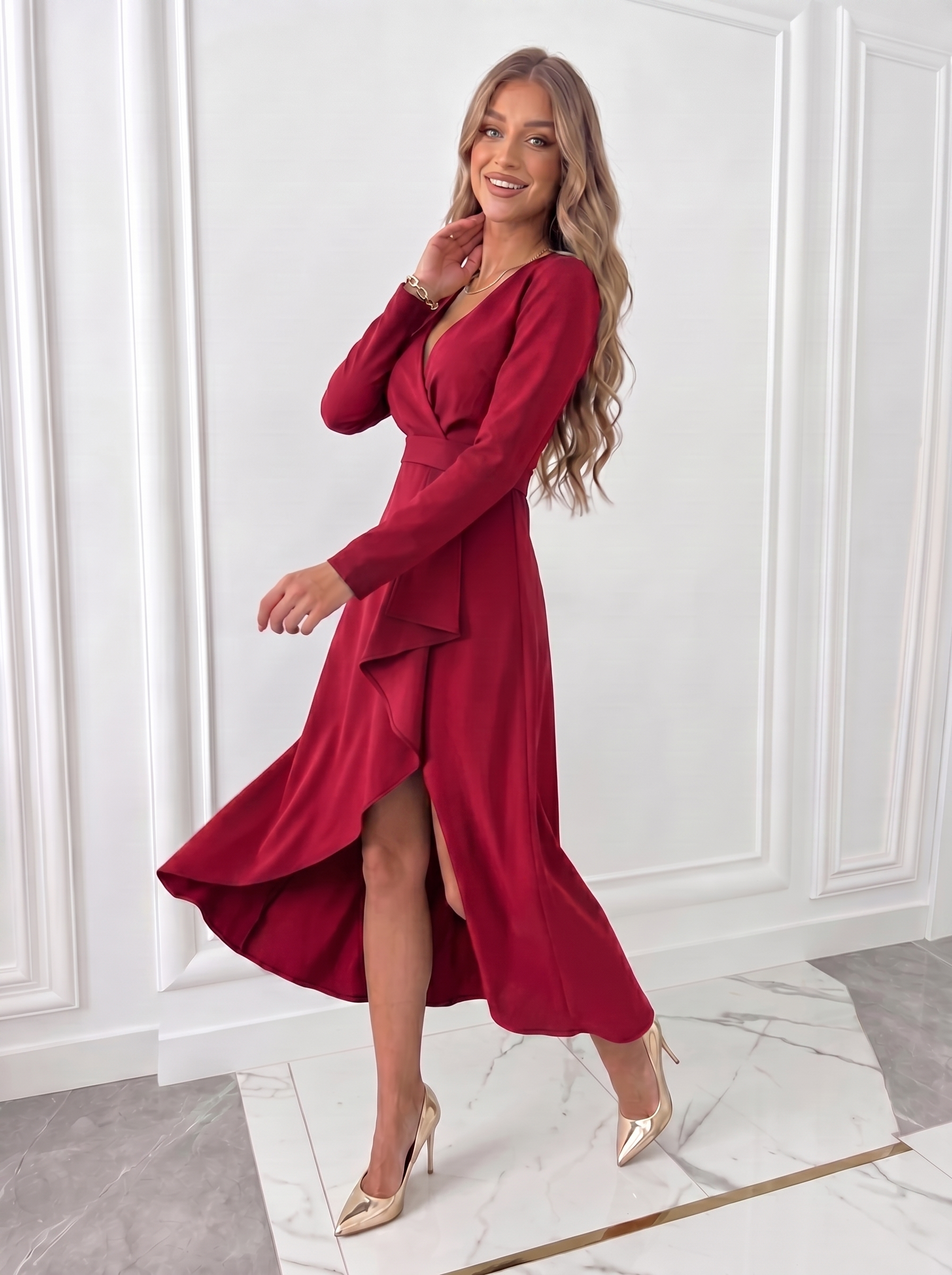 Red wrap midi dress with long sleeves, V-neck top and draped skirt for elegant wedding guest wear