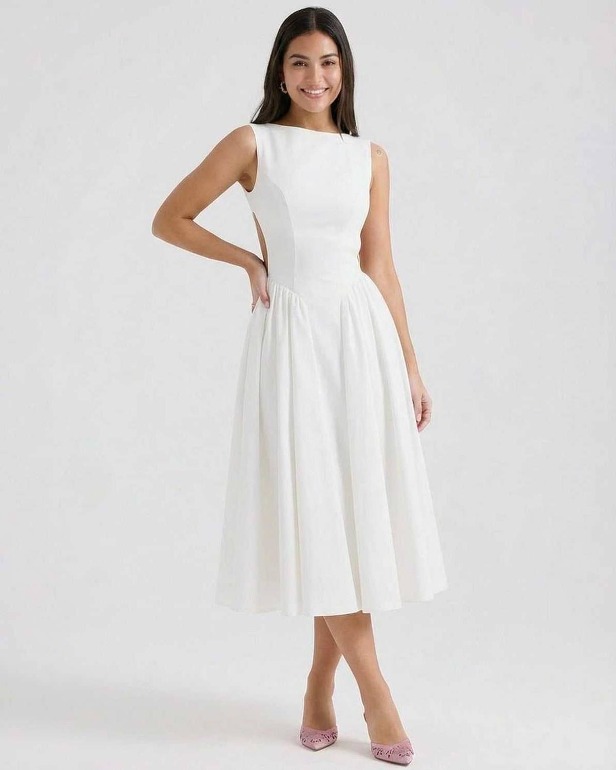 White side cutout midi dress with boat neckline and full midi skirt, back view